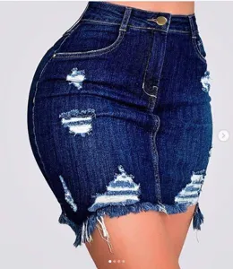 Women high waist distressed denim skirt summer sexy bodycon short miniskirt blue