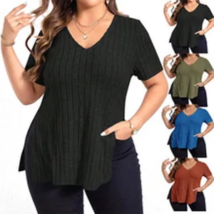 Plus size ribbed v-neck short sleeve top for women with side slit, comfortable summer wear.