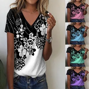 Women floral striped short sleeve V-neck top casual summer slim fit t-shirt detail view