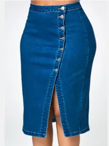 High waist front split button denim pencil skirt for women, elegant plus size long denim skirt.