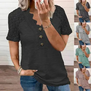 Women casual short sleeve V-neck button lace spliced top apparel detail view