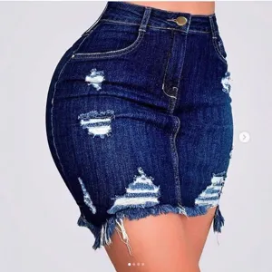 Women Casual Denim Skirt High Waist Slim Fit Straight Short Skirt Distressed Solid Color Summer Streetwear Fashion Bottom
