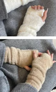 Guanti senza dita soffici e peluche da donna, scaldabraccia invernali caldi, vista dettagliata.