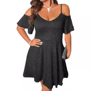 Detailed view of the black glitter off-shoulder dress fabric and elegant strap design.