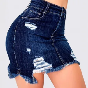 Women's sexy high waist denim mini skirt summer ripped raw hem tight hip jean skirts