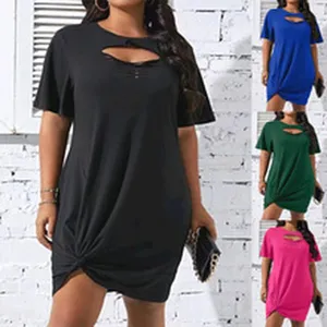 Plus size short sleeve cutout knot casual dress women summer solid color fashion top