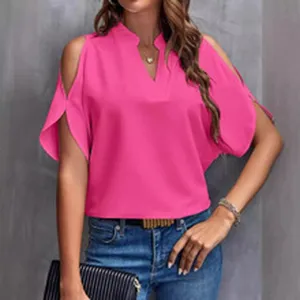 Women's pink cold shoulder V-neck short sleeve blouse detail view, stylish summer top.