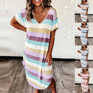 Detail shot of the casual striped V-neck dress, showcasing soft fabric and colorful stripe design.