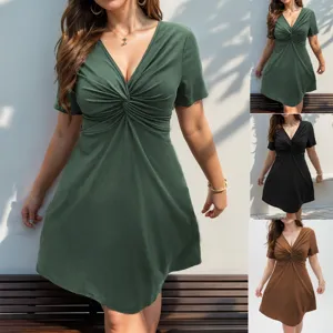 Women's Plus Size Short Sleeve V-Neck Twist Midi Dress Casual Loose Cotton Blend Solid Color Elegant Dress