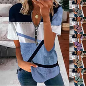 Women short sleeve color block zip V-neck casual striped t-shirt summer fashion top