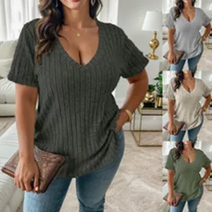 Detailed view of the women's ribbed v-neck short sleeve t-shirt showcasing texture and fit.