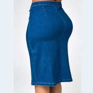 Plus size stretch denim midi pencil skirt for women high waist bodycon blue long skirt