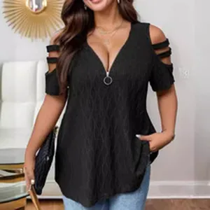Detailed view of women black cold shoulder v neck short sleeve top with ring zip design