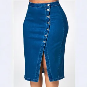 Women high waist front button slit denim pencil skirt casual stretch long blue skirt