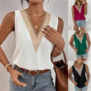 Women Summer Casual V-Neck Sleeveless Lace Trim Top Elegant Tank Shirt Blouse Fashion