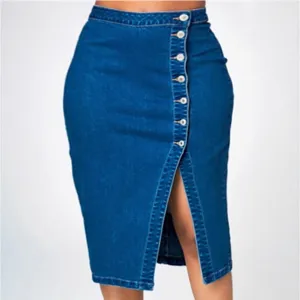 Plus size high waist stretch denim pencil skirt with front button and slit design.