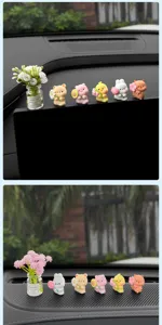 Cute flower-holding animal figurines for car interior dashboard decoration, resin set.