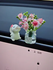 Joli ornement de voiture lapin résine mini vase verre fleur rose décoration tableau de bord