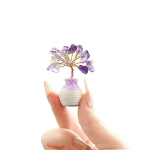 Mini albero della vita in cristallo con vaso in ceramica per cruscotto auto e decor.