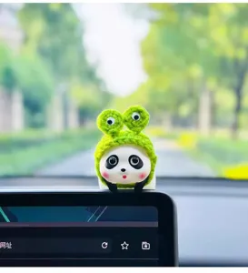 Cute panda car dashboard ornament with green frog hat, lovely interior decor for vehicles.