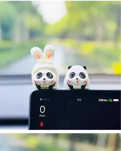 Cute panda and bunny hat car dashboard ornament, lovely interior decor figurine for console.