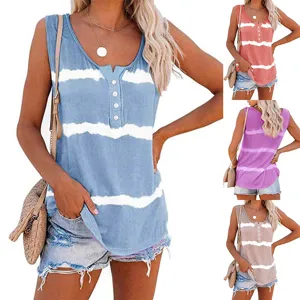 Women's Casual Striped Print V-Neck Button Front Sleeveless Tank Top Summer Loose Basic Tee