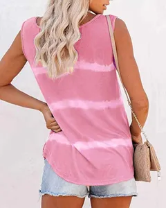 Summer women sleeveless casual tank top with pink striped print design detailed view.