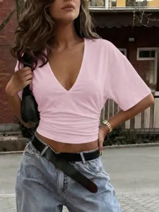 Women v-neck ruched crop t-shirt summer short sleeve casual slim fit top pink basic tee