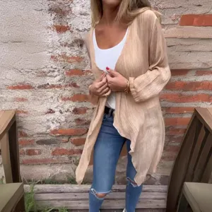 Cardigan long uni pour femme, manches longues décontractées, vêtement élégant et léger.