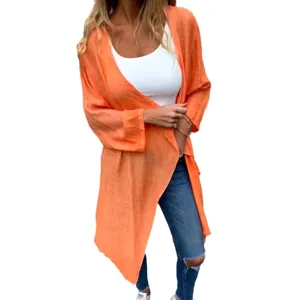 Femme cardigan long decontracté manches longues couleur unie léger vêtements d'extérieur chic