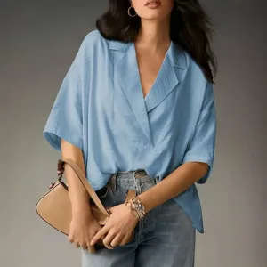 Chic chemisier pull ample uni élégant à revers et épaules tombantes pour femme