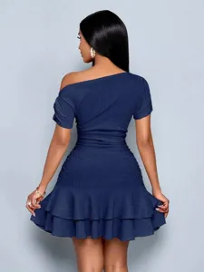 Elegant solid color one shoulder slim fit ruffle dress for women summer chic partywear