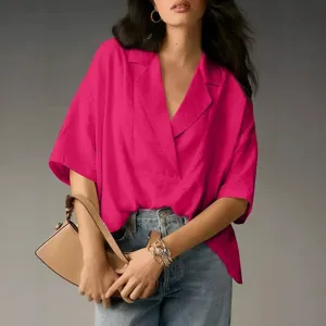 2026 Ete decontracte amples couleur unie revers manches courtes pull chemise haut elegant femme