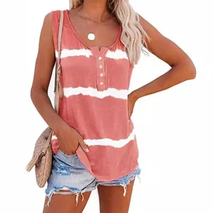 Summer casual women sleeveless striped button tank top basic daily wear t-shirt top