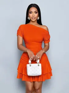 Close-up detail of the elegant orange one-shoulder slim-fit ruched mini dress for women.