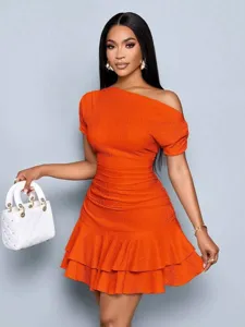 Elegant orange one-shoulder slim mini dress with stylish textured fabric and ruffled tiered hem.