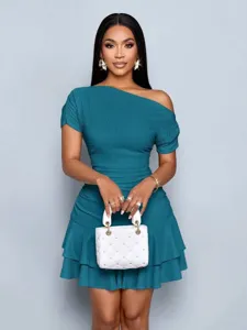 Women one shoulder ruched tiered ruffle mini dress elegant summer party wear outfit