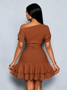 Elegant brown one-shoulder ruffled mini dress for women summer sexy party club wear