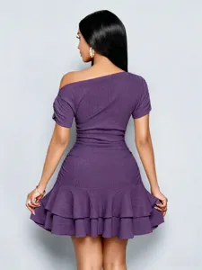 Back view detail of the purple one-shoulder ruched slim-fit tiered ruffle mini dress.