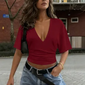 Women sexy deep V neck short sleeve slim fit crop t-shirt solid color casual top daily
