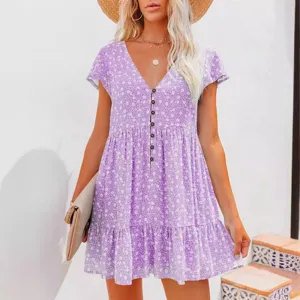 Stylish Floral Print V-Neck Short Sleeve Button Casual Mini Dress for Women Summer