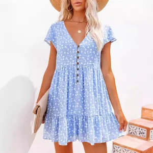 Blue Floral V-Neck Short Sleeve Casual Mini Dress for Women Summer Beach Wear