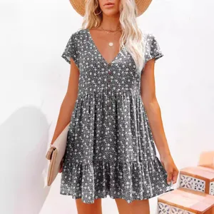 Women V-Neck Floral Short Sleeve Button Casual Loose Mini Dress Summer Beachwear