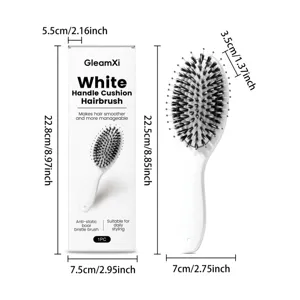 White handle cushion hairbrush with boar bristles for daily hair styling and scalp massage.