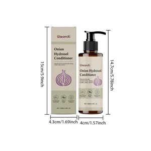 GleamXi Zwiebel Hydrolat Conditioner Detailansicht mit Produktabmessungen und Flaschendetails.