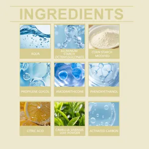 Detailed ingredient infographic showing core formula components like aqua, corn starch and carbon.