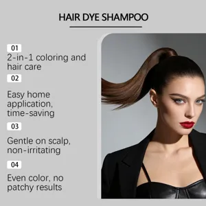 Detailansicht des pflanzlichen Braun-Haarfärbeshampoos mit Merkmalen und Modellanwendung.
