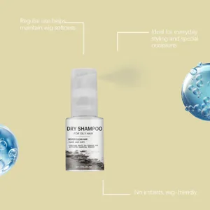 Detail view of dry shampoo spray bottle showing clean formula and wig friendly benefits.