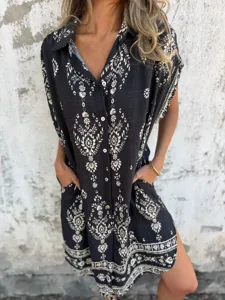Women casual short sleeve printed button down shirt dress with pockets bohemian summer style
