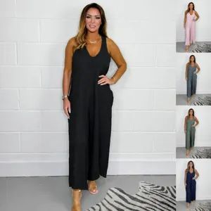 Tuta jumpsuit lunga elegante in cotone e lino tinta unita scollo V donna estate.